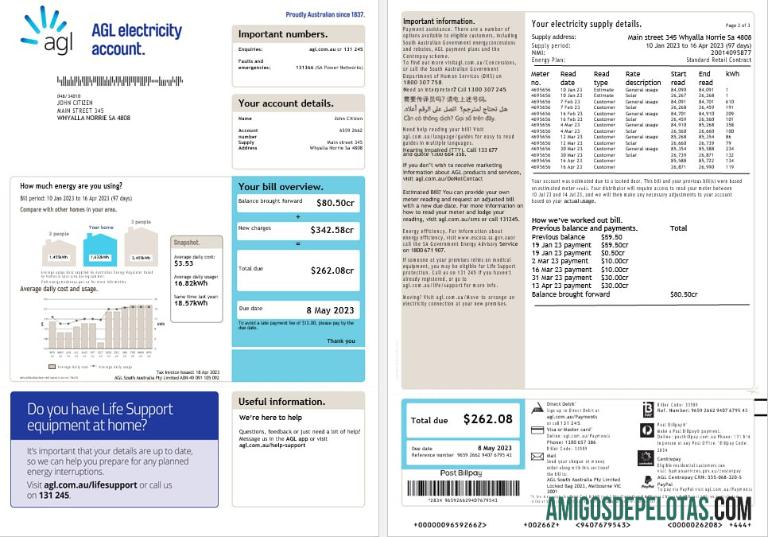 Conta de eletricidade AGL da Austrália, fatura de serviços públicos de energia, formatos Word e PDF (2) exemplo
